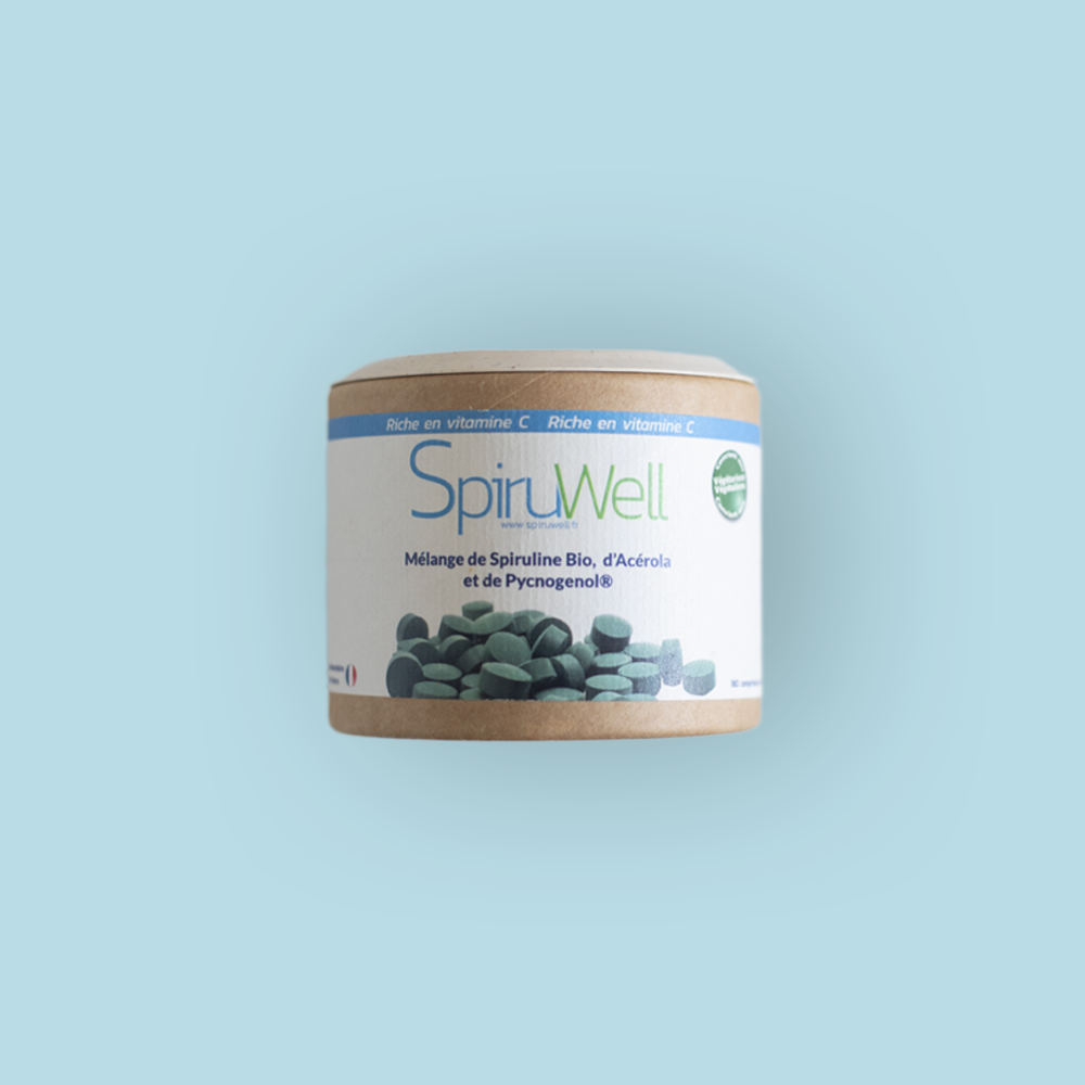 Spiruwell complément alimentaire à base de Spiruline Bio, d’Acérola et de Pycnogenol®.